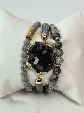 3PC Gray Beaded Bracelet Stack with Druzy Pendant | Neutral Luxe Boutique Set